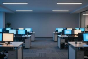 Empty modern office with rows of desks and glowing monitors, illustrating Barclays AI job cuts