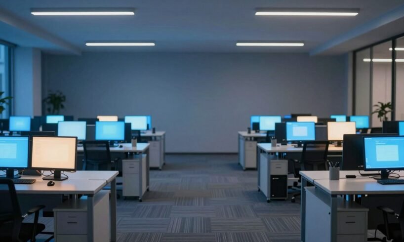 Empty modern office with rows of desks and glowing monitors, illustrating Barclays AI job cuts