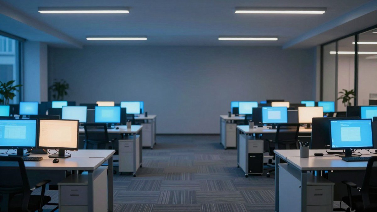 Empty modern office with rows of desks and glowing monitors, illustrating Barclays AI job cuts