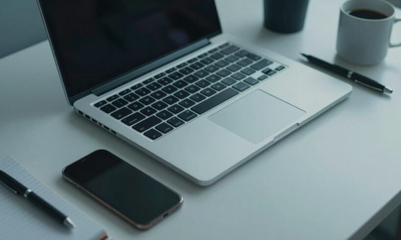 Always-on AI assistant workspace with a closed laptop and phone, illustrating Claude Duet