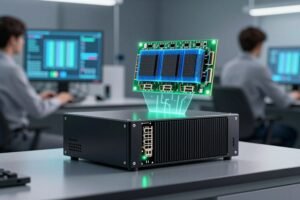 AI-generated illustration of a compact DGX Spark 64GB desktop AI computer in a laboratory