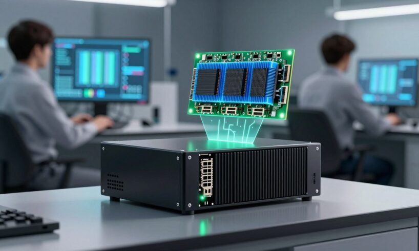 AI-generated illustration of a compact DGX Spark 64GB desktop AI computer in a laboratory