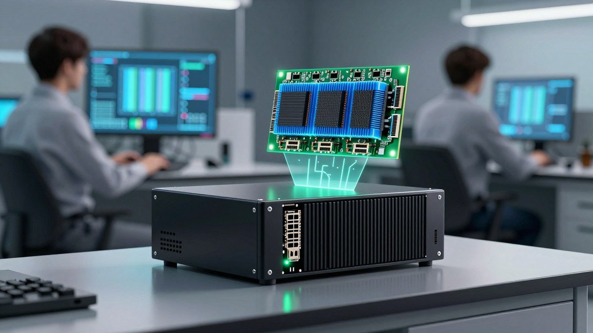 AI-generated illustration of a compact DGX Spark 64GB desktop AI computer in a laboratory