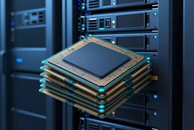 Nvidia memory glut illustration with advanced memory chips and a data-center server rack