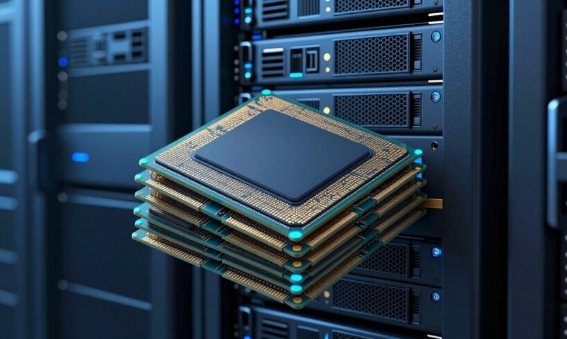 Nvidia memory glut illustration with advanced memory chips and a data-center server rack