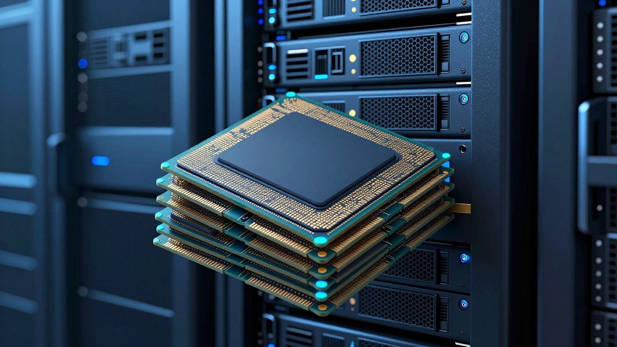 Nvidia memory glut illustration with advanced memory chips and a data-center server rack