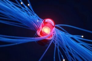 PHP2Shell illustration with blue fiber-optic strands around a red alert core