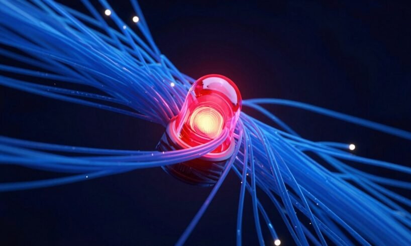 PHP2Shell illustration with blue fiber-optic strands around a red alert core