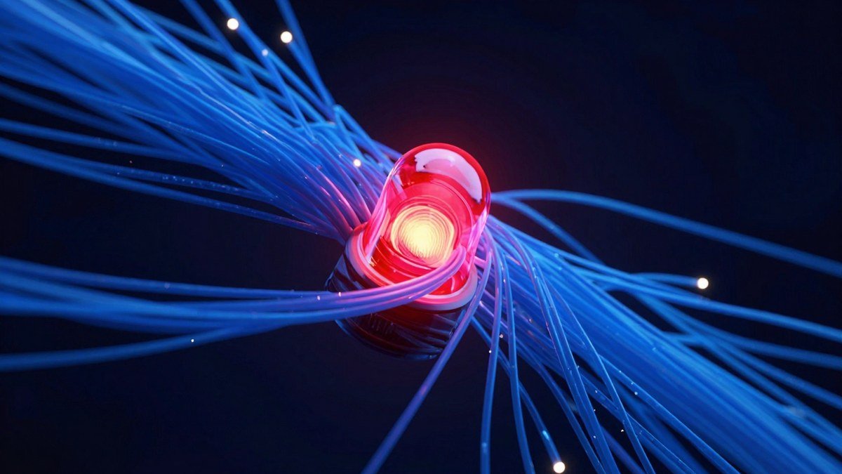 PHP2Shell illustration with blue fiber-optic strands around a red alert core