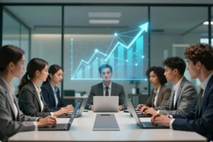 AI-generated illustration of an office team using laptops for Uber's ChatGPT Work rollout