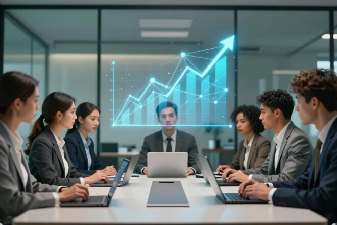 AI-generated illustration of an office team using laptops for Uber's ChatGPT Work rollout