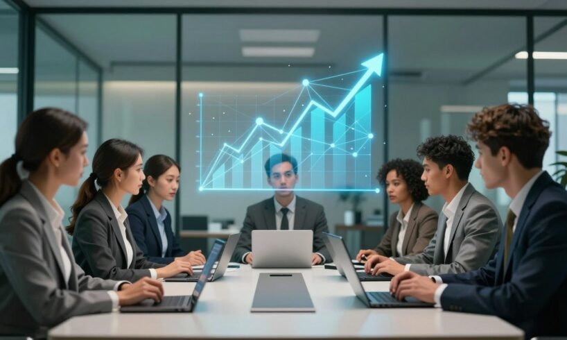 AI-generated illustration of an office team using laptops for Uber's ChatGPT Work rollout